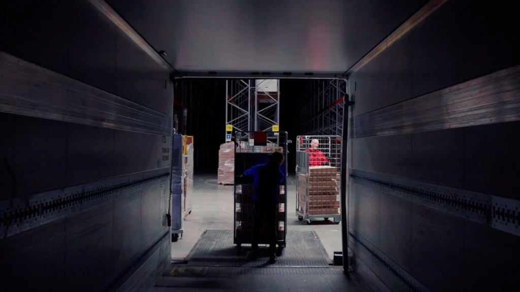 Rolcontainer in vrachtwagen rijden